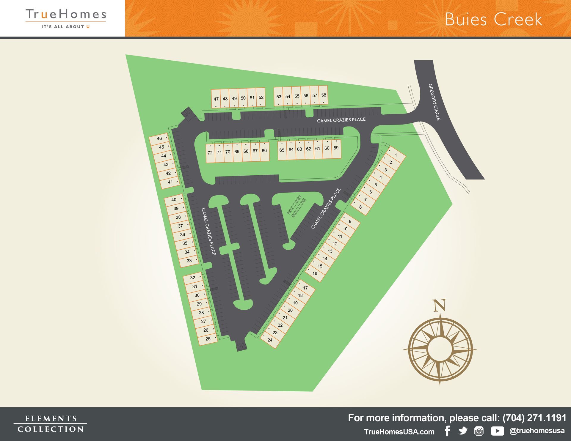 Site plan of Banes Creek residences. Green, black, and tan layout with a street, parking, and home locations.