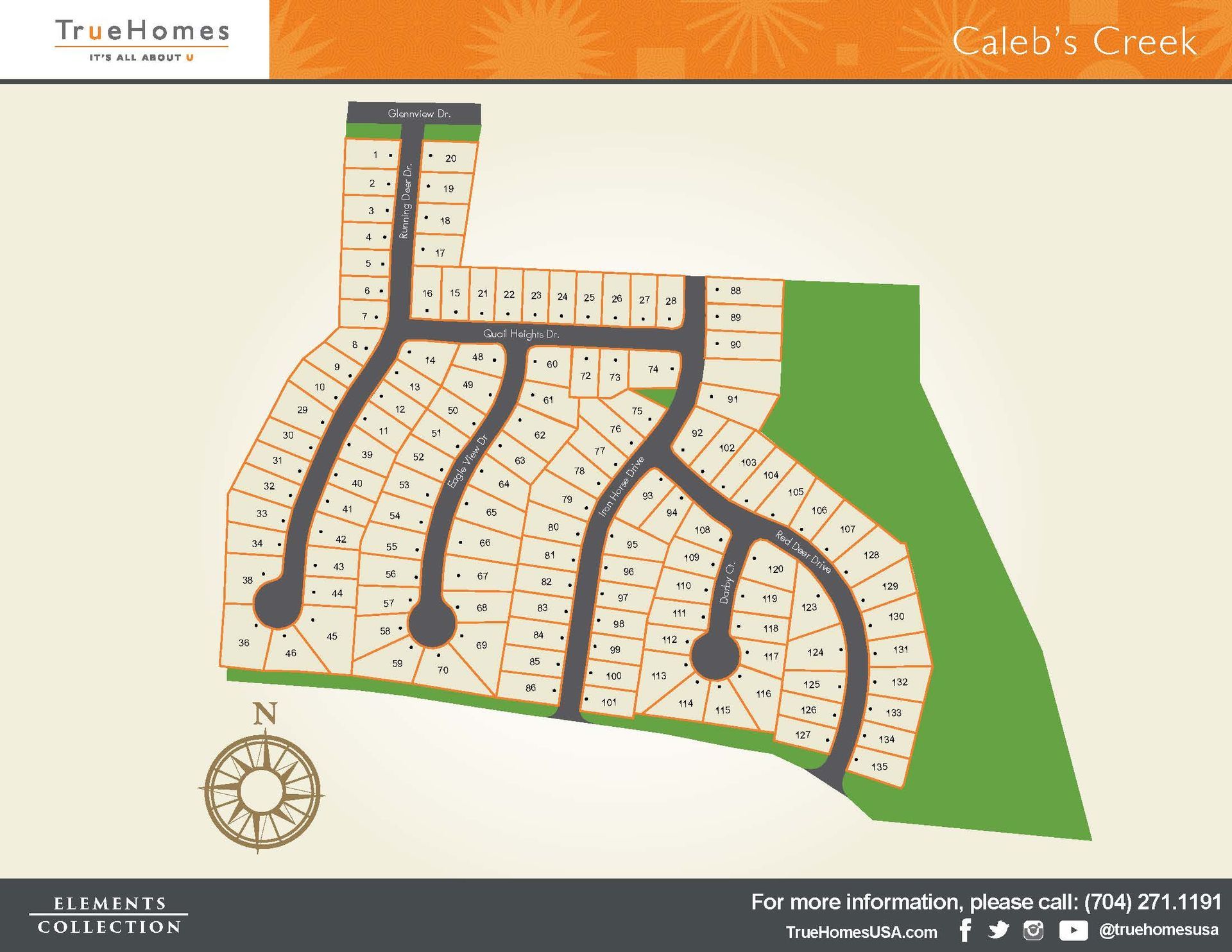 Map of Caleb's Creek community with numbered lots and roads; green and brown colors.