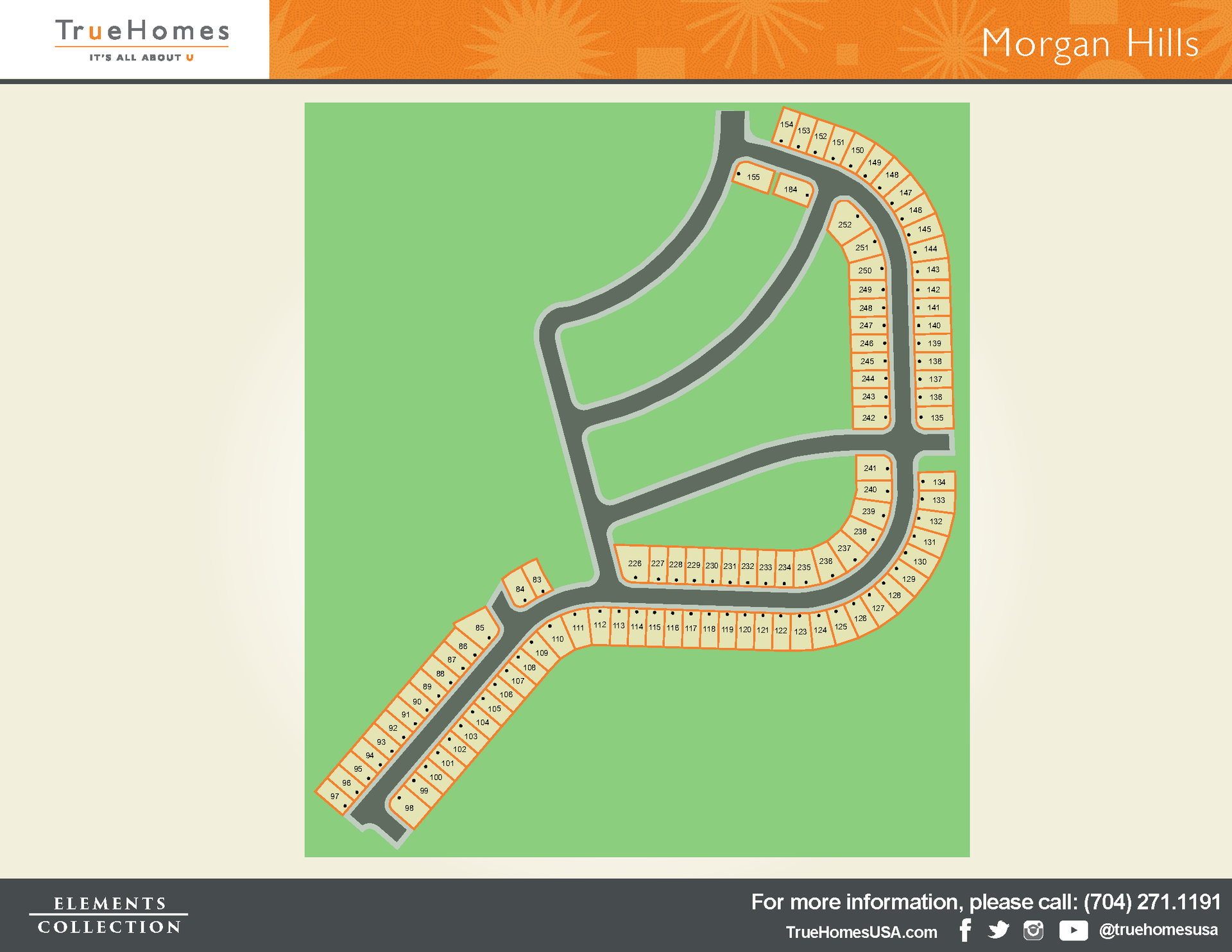 Map of Morgan Hills community. Shows streets and lots in beige on a green background.