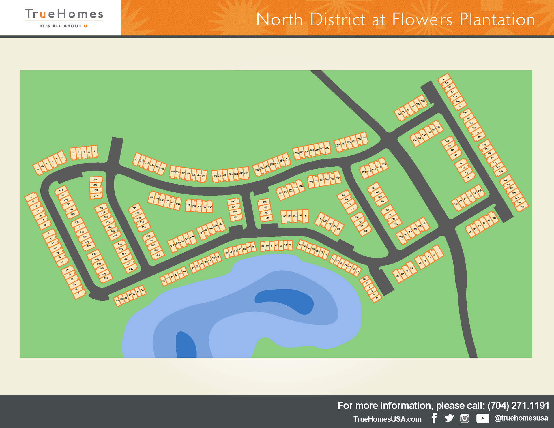 Map of North District at Flowers Plantation; showing streets, houses, and a lake.