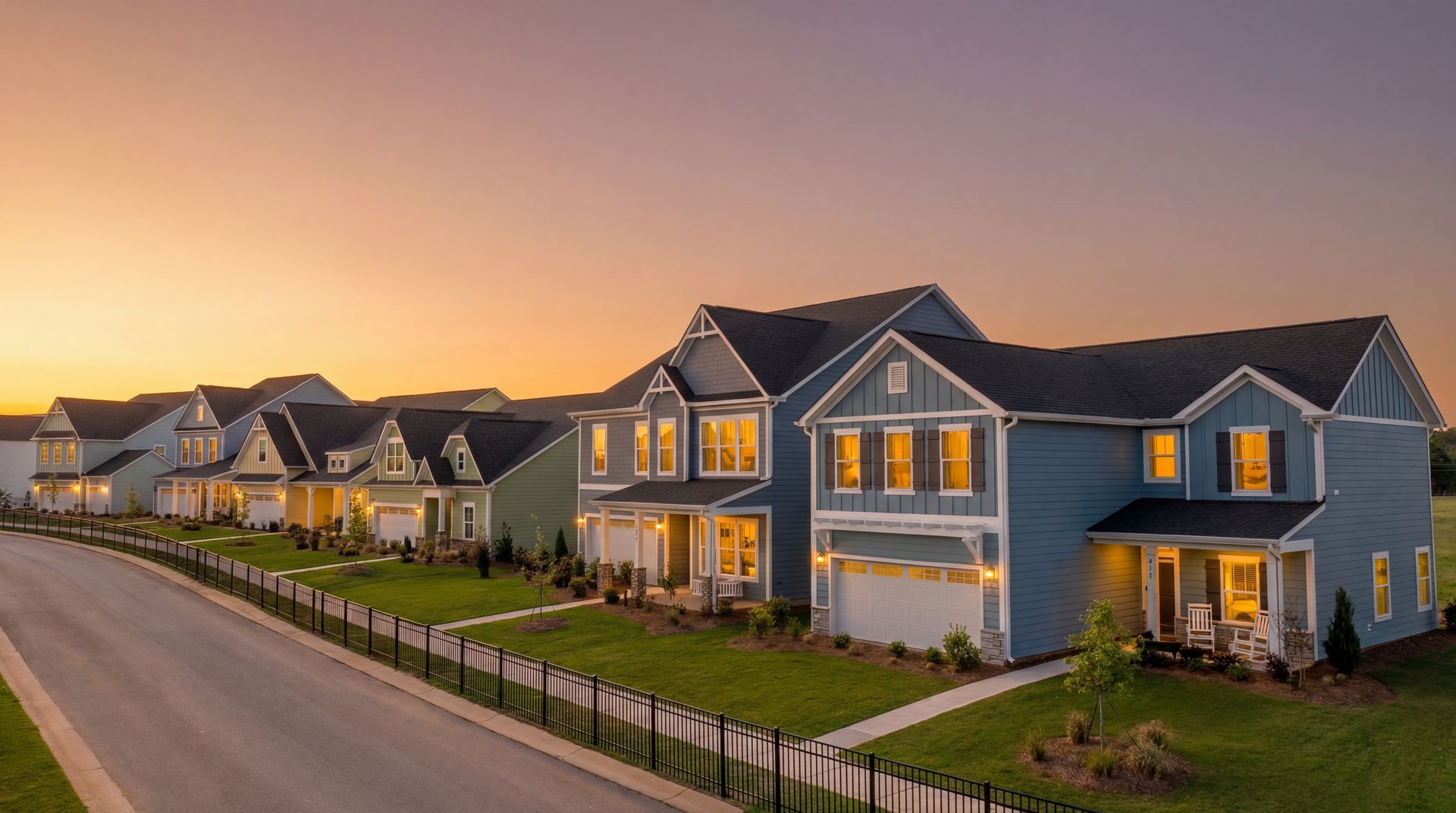 Suburban neighborhood of modern houses at sunset, with warm lights and a quiet street