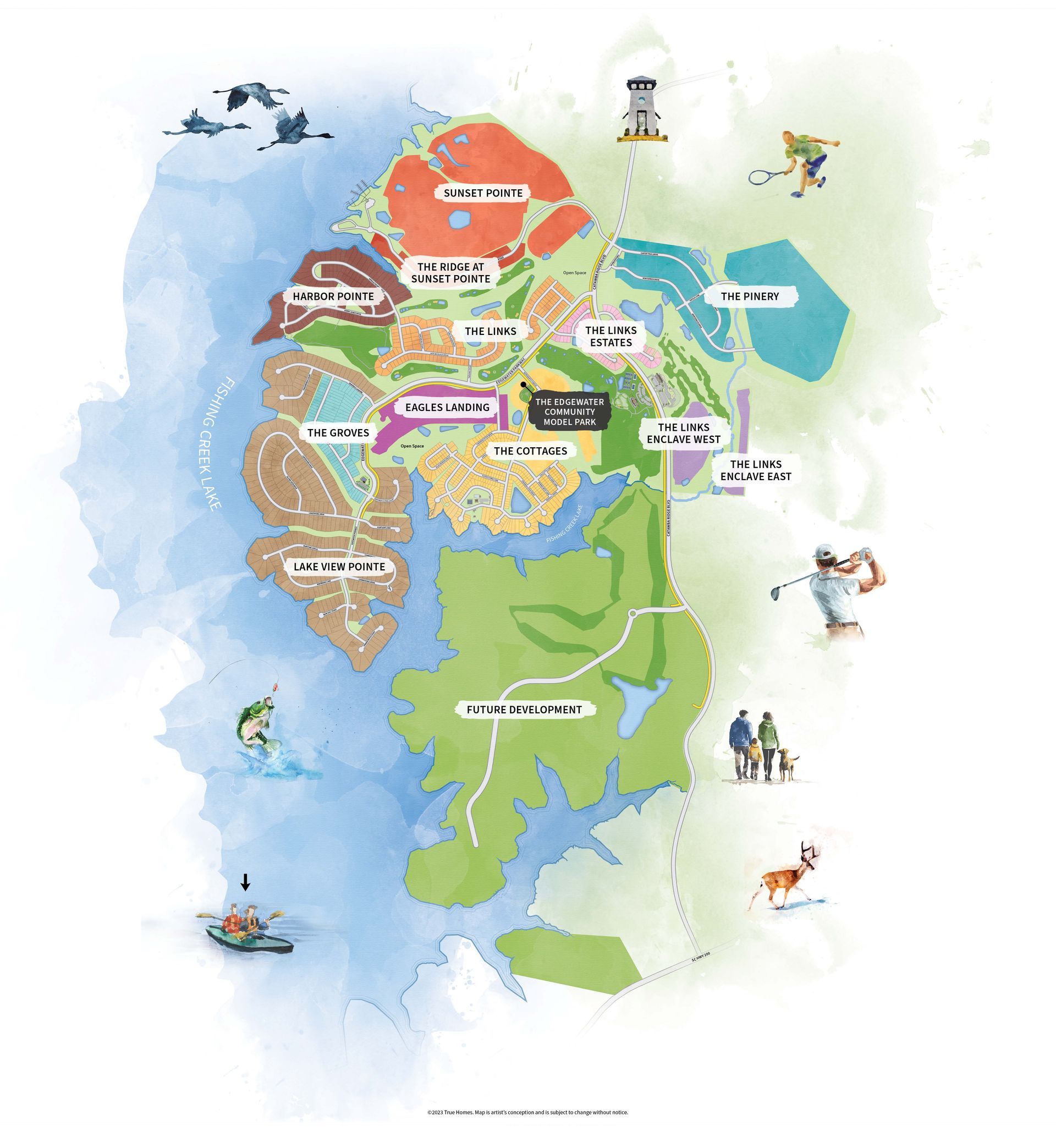 Map of a resort area with colored zones and illustrations of activities like golf, skiing, and boating.