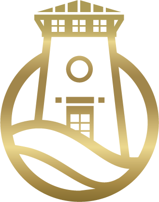 Gold lighthouse emblem inside a circular wave design on a white background