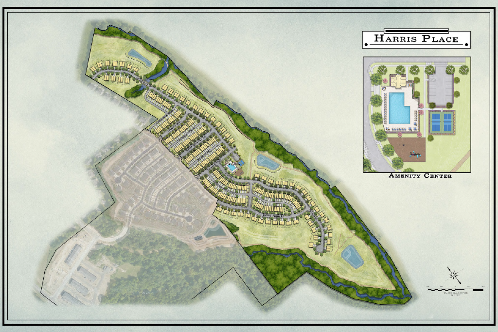 Aerial site map of green residential lots and curving roads in a forested development, labeled True Homes Hearth Place