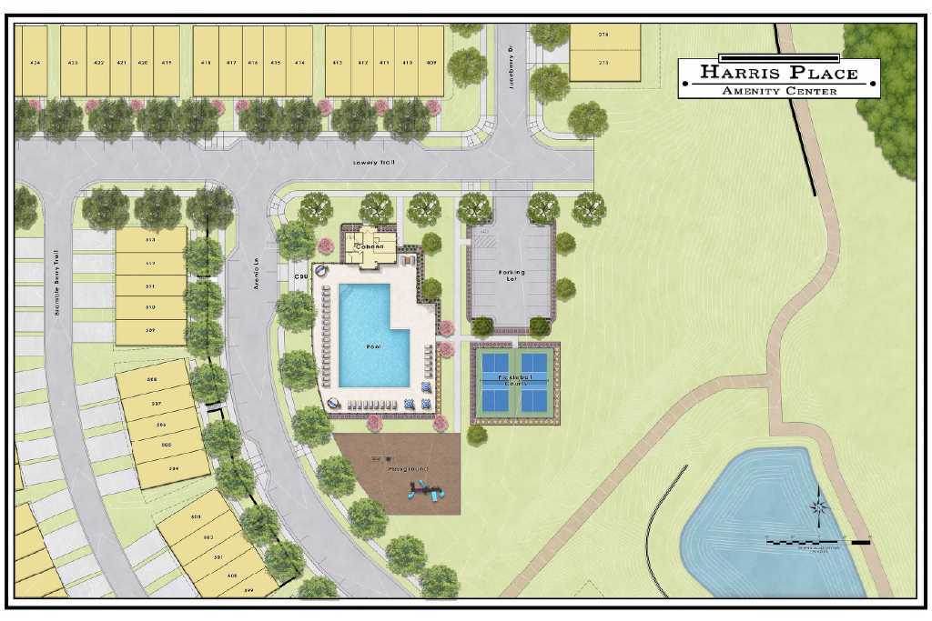 Aerial site map of green residential lots and curving roads in a forested development, labeled True Homes Hearth Place