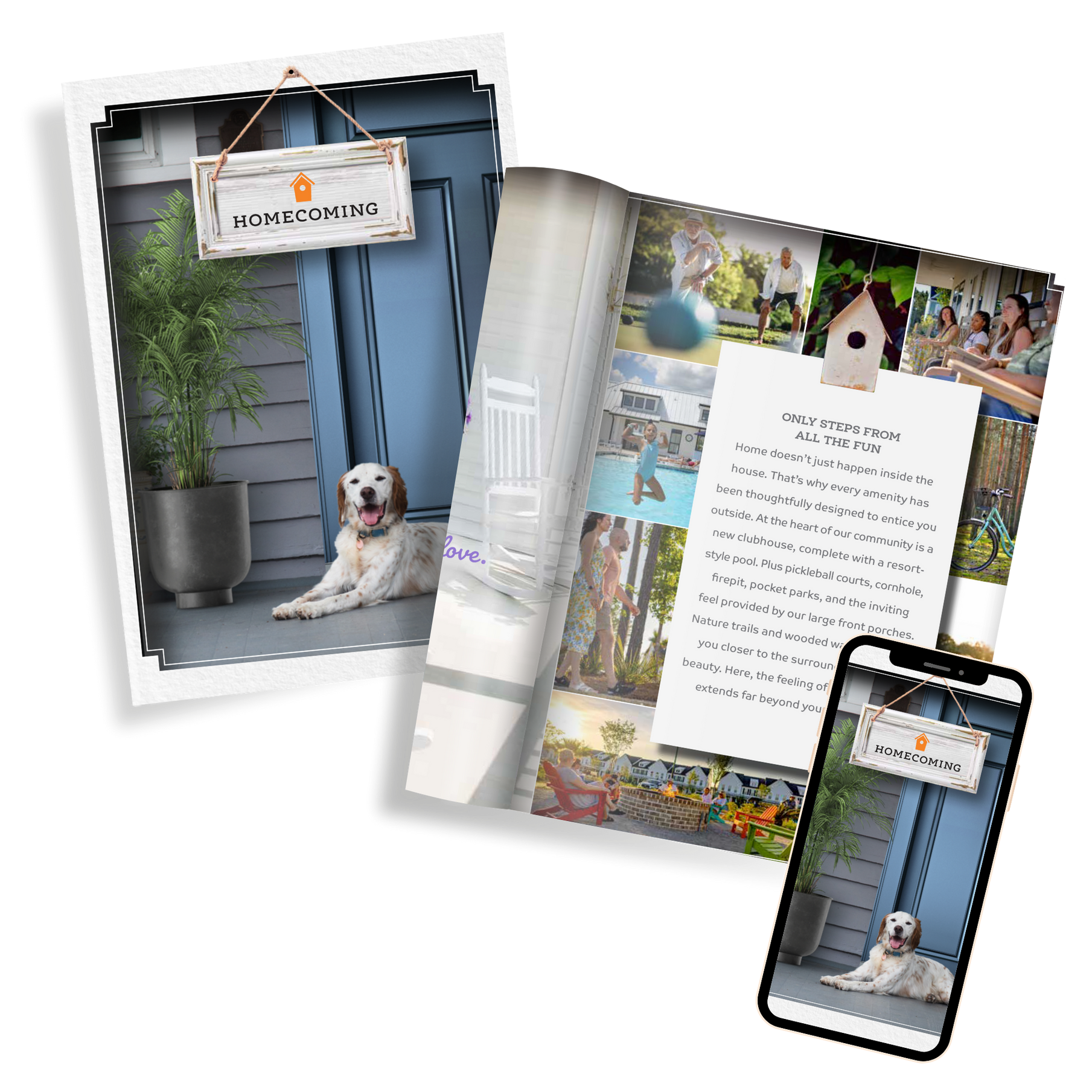 Brochure & phone display a dog at a blue door with a sign, showcasing lifestyle photos.