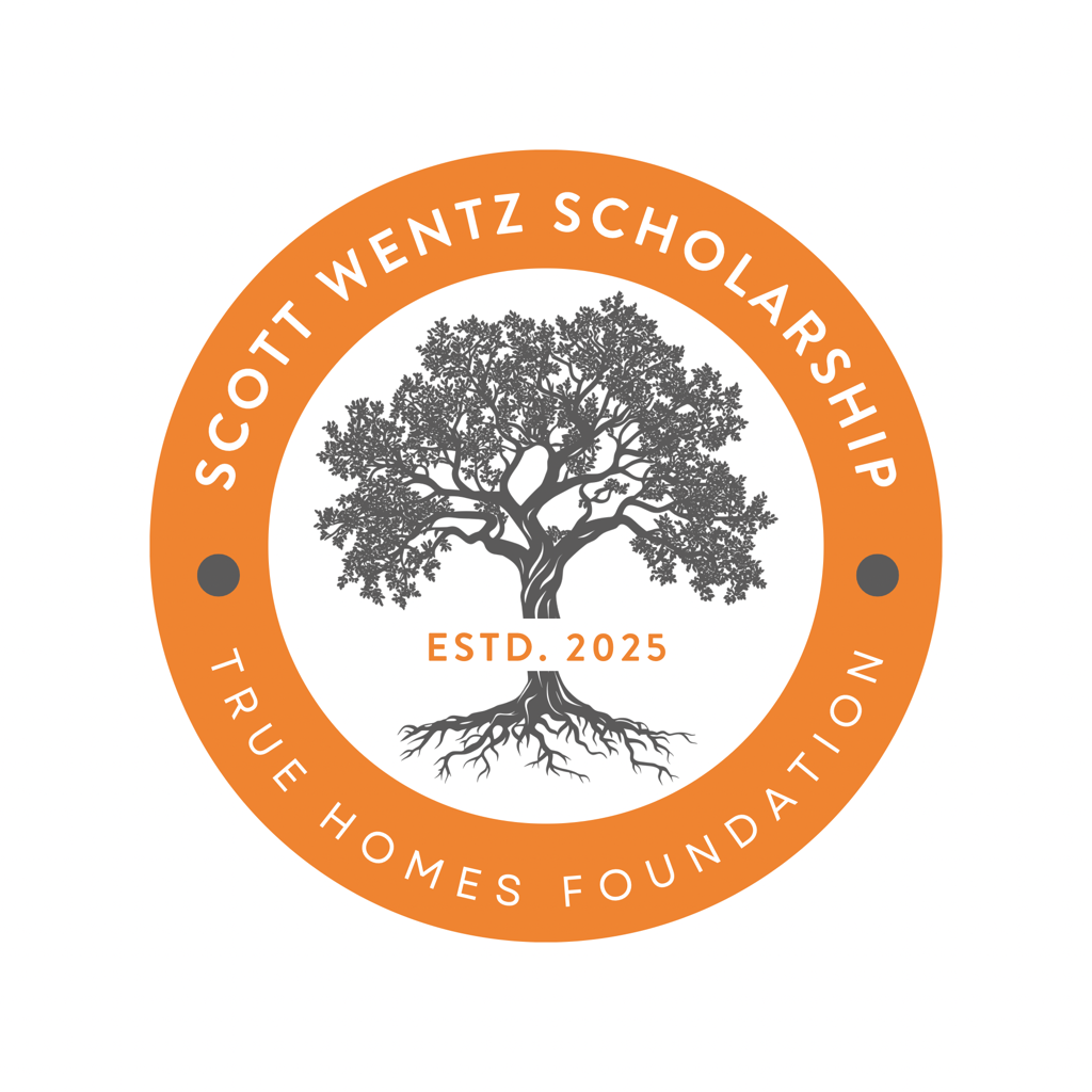 Orange circle logo: Scott Wentz Scholarship with tree graphic, 