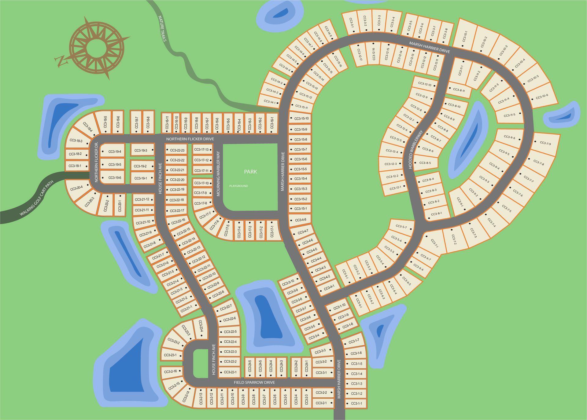 Top-down map of a suburban neighborhood with curving streets, tan houses, green lots, and blue lakes.