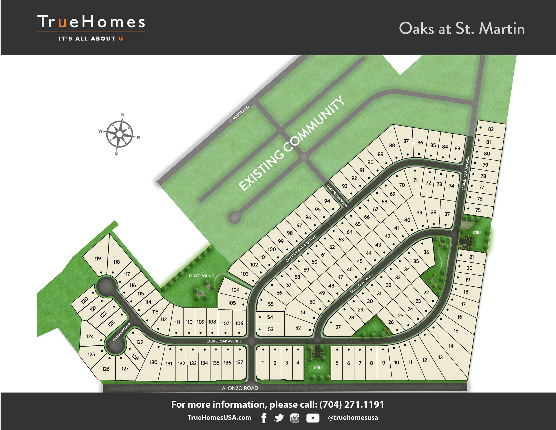 Site plan map for Oaks at St. Martin showing lots, roads, and green spaces with True Homes branding