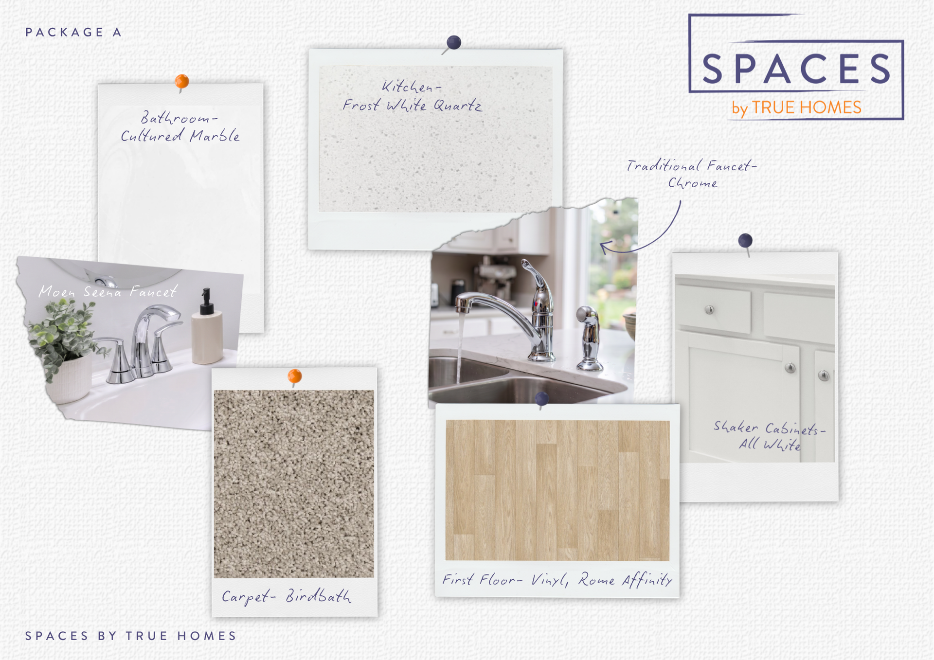 Mood board of bathroom design samples and fixtures in white, gray, and wood tones, labeled “SPACES.”