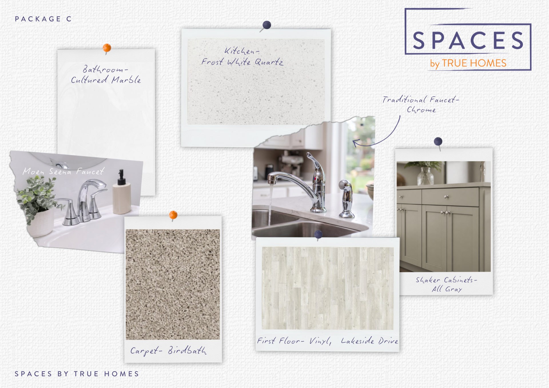Collage of interior design materials and finishes with beige, gray, and wood tones, labeled “Spaces”