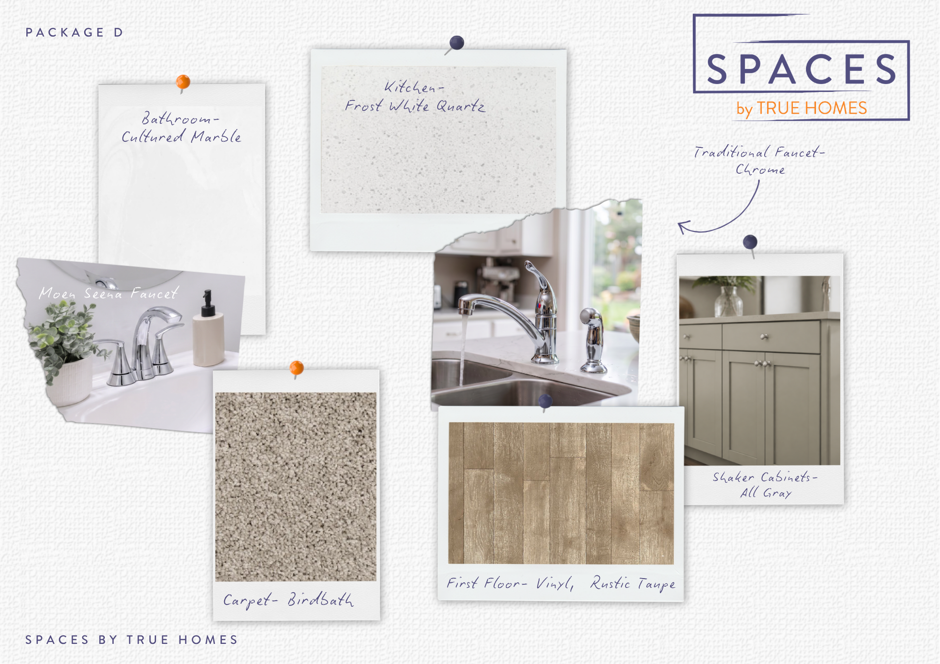 Mood board of neutral home finishes with floor samples, cabinetry, sink, and “Spaces” branding