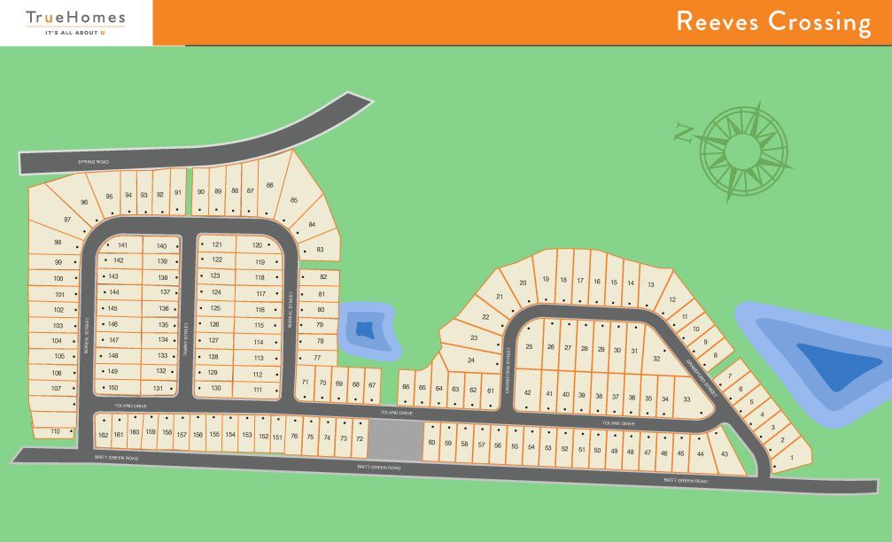 Real estate map of Reeves Crossing, showing lot layouts, roads, and nearby water features.