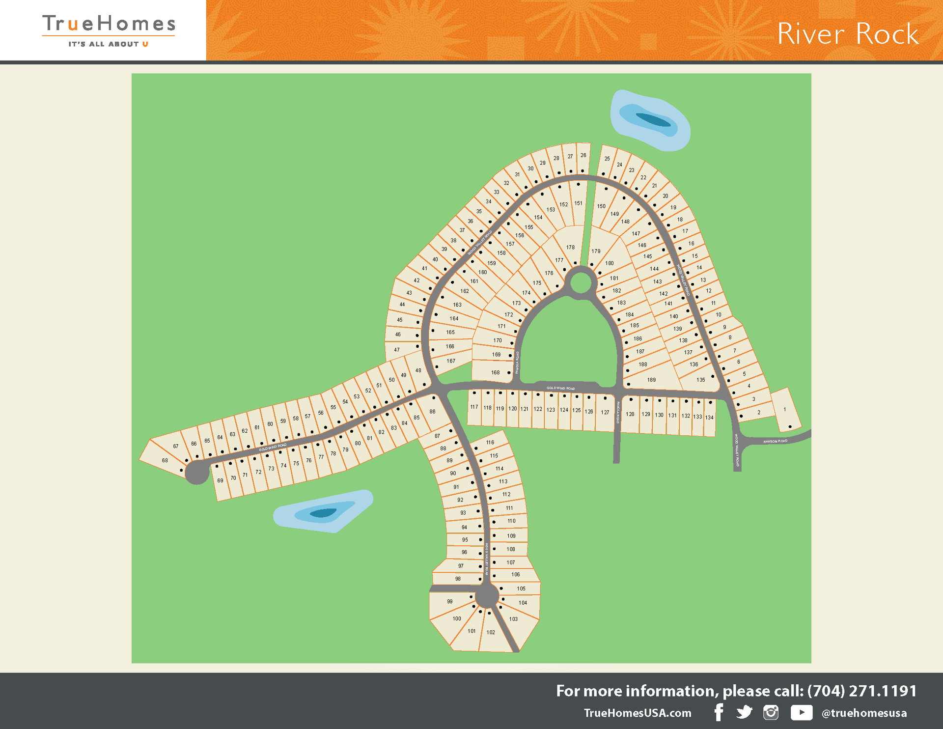 Map of River Rock community with roads, lots, and ponds.