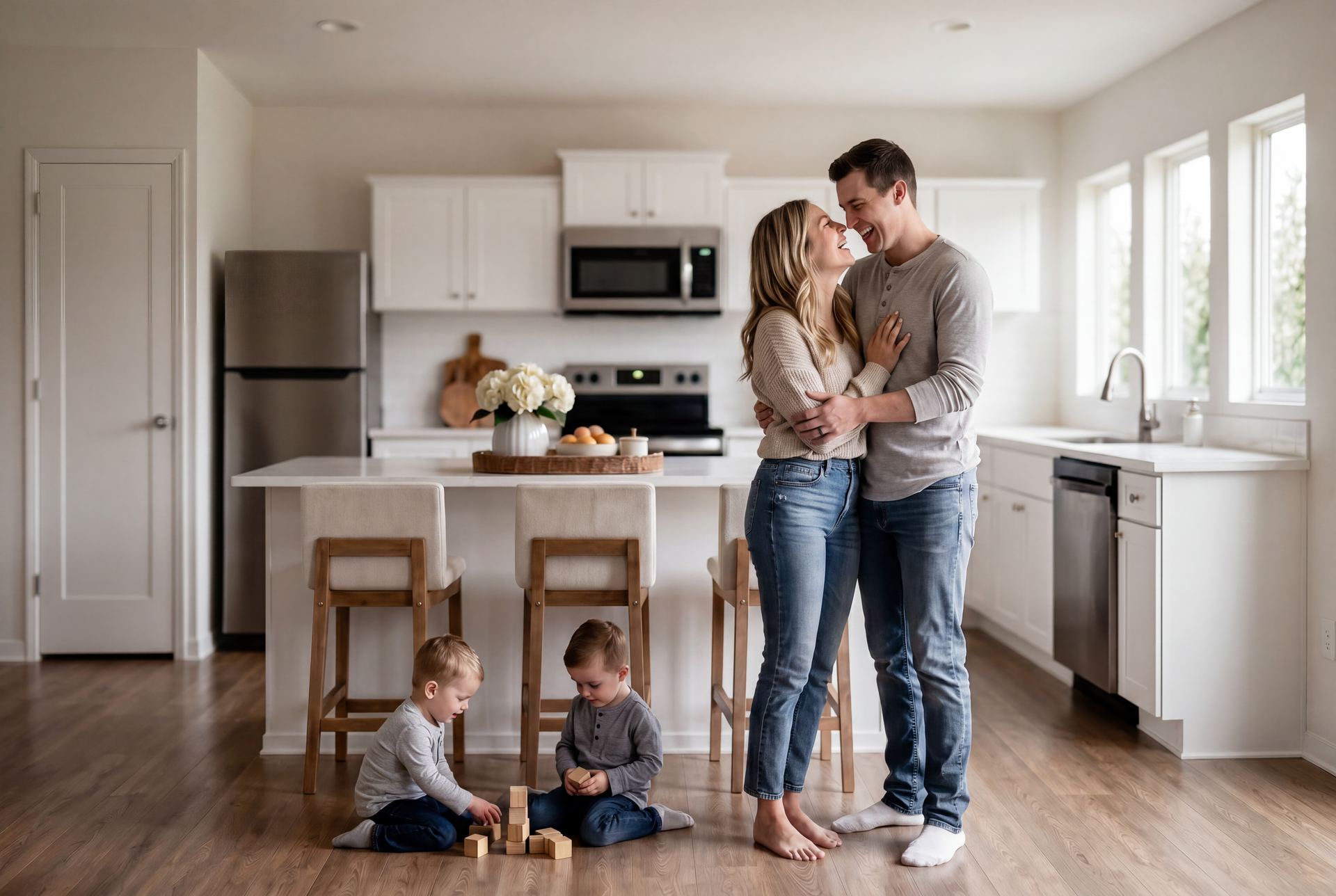 Family in a bright living room with a golden dog, purple accents, and a “SPACES” sign on the wall