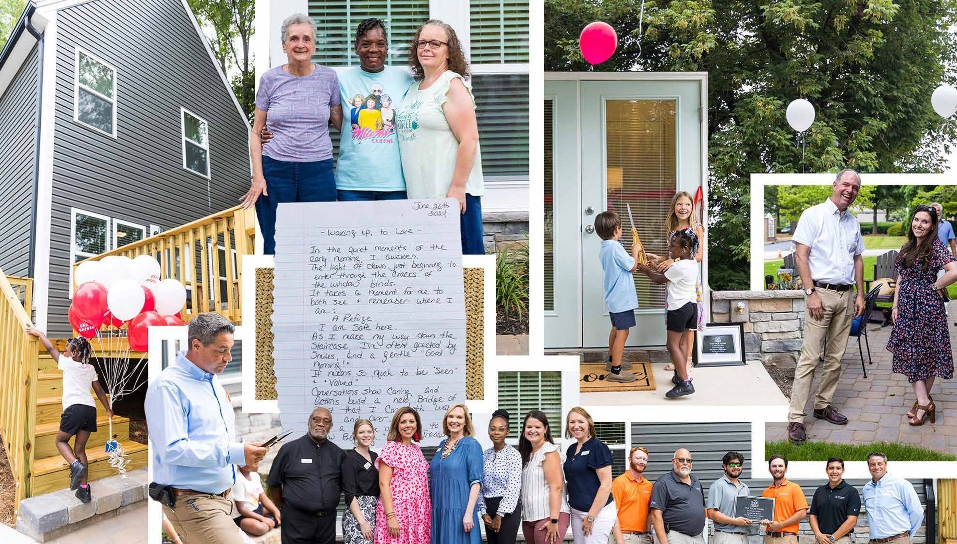 Collage: New home dedication. People, home exterior, letter, balloons; various candid shots of celebration.