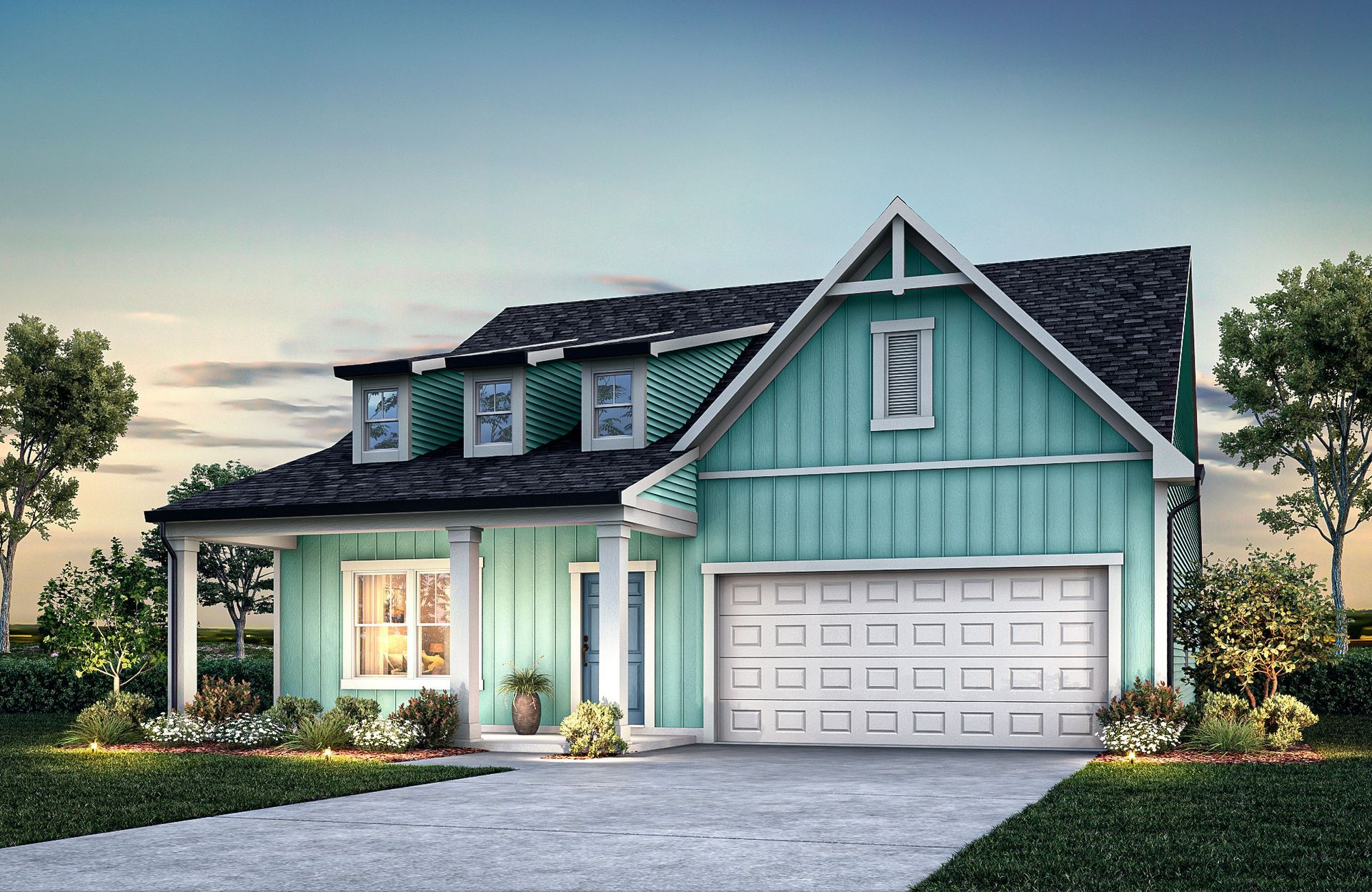 Mint-green suburban house with a front porch, garage, and dormer windows at dusk