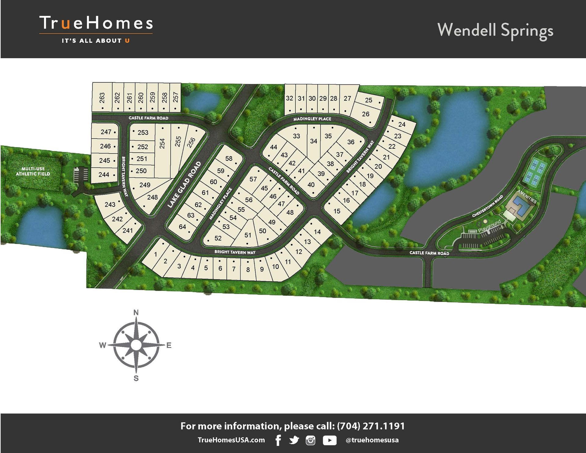Aerial site plan of a residential community with roads, lots, green spaces, and a small inset map.