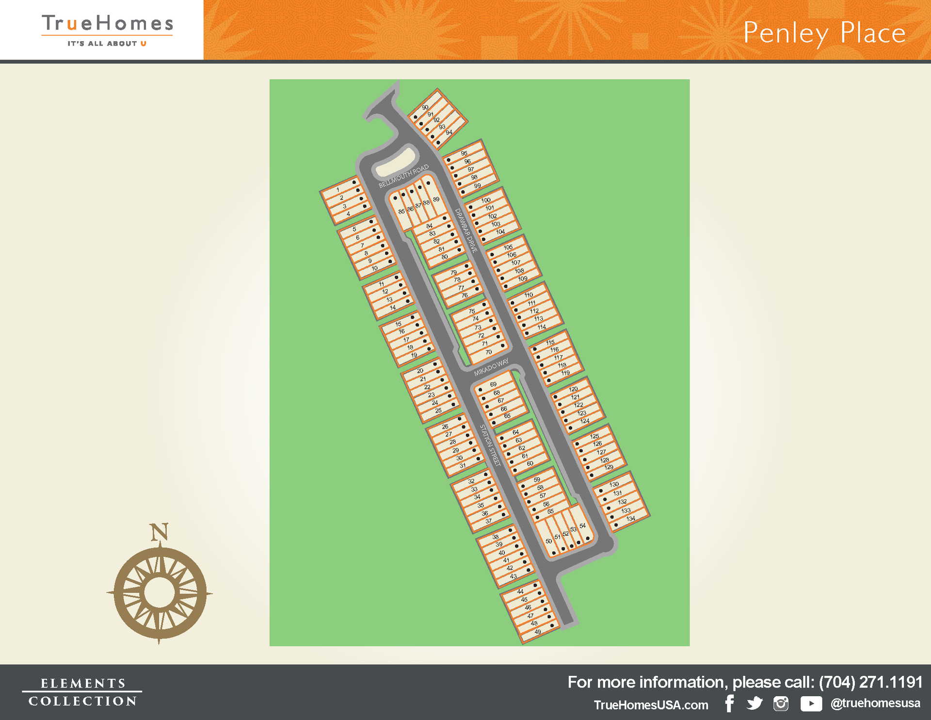 Penley Place map, a residential community layout with streets and houses on a green background, with a compass.