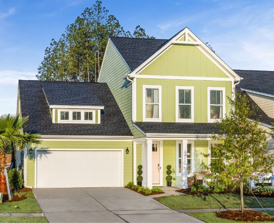 A green house with a black roof and a white garage door