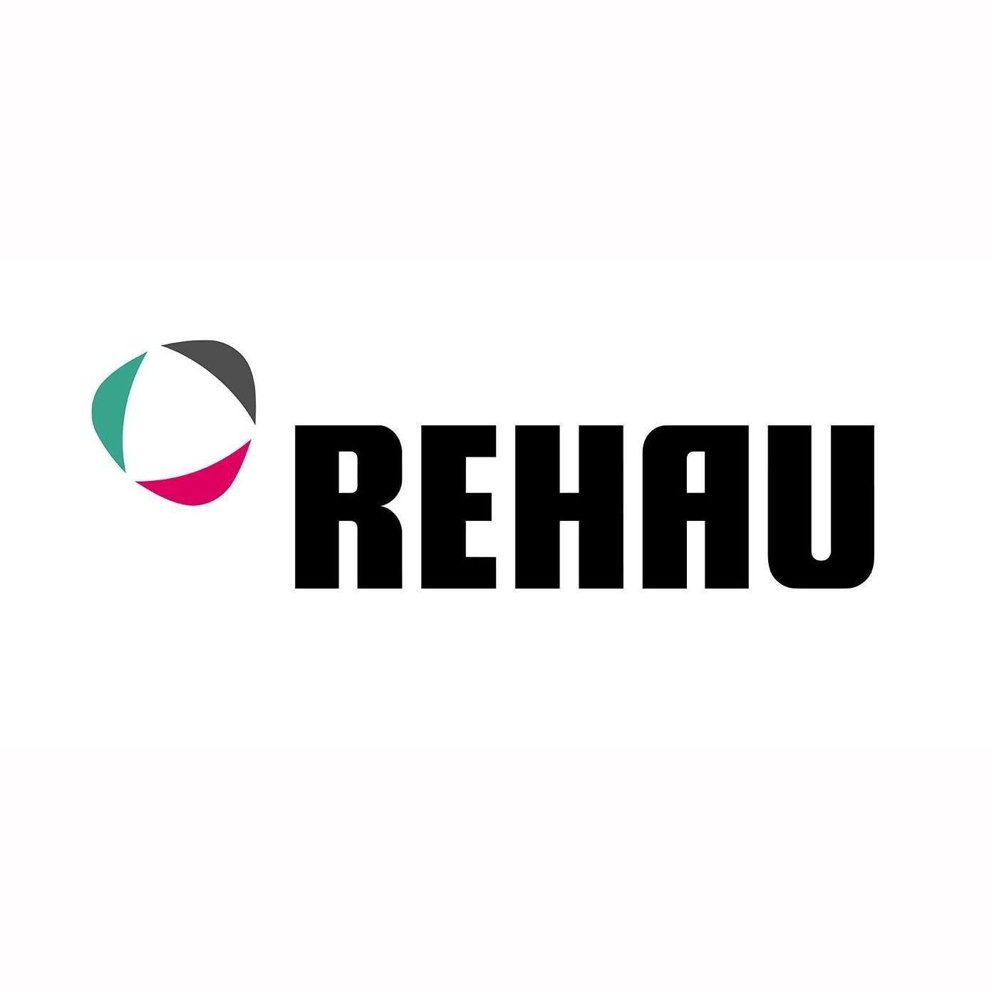 The rehau logo is a black and red logo with a circle in the middle.