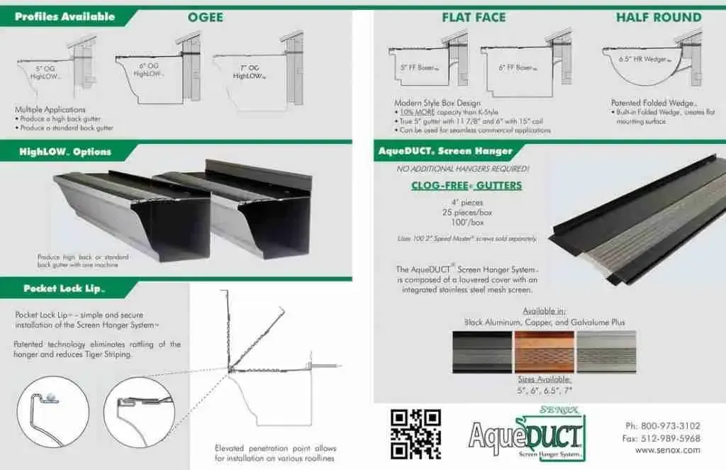 A brochure for a company called aquaduct shows different types of gutters.