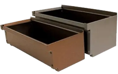 Two metal boxes are sitting next to each other on a white background.