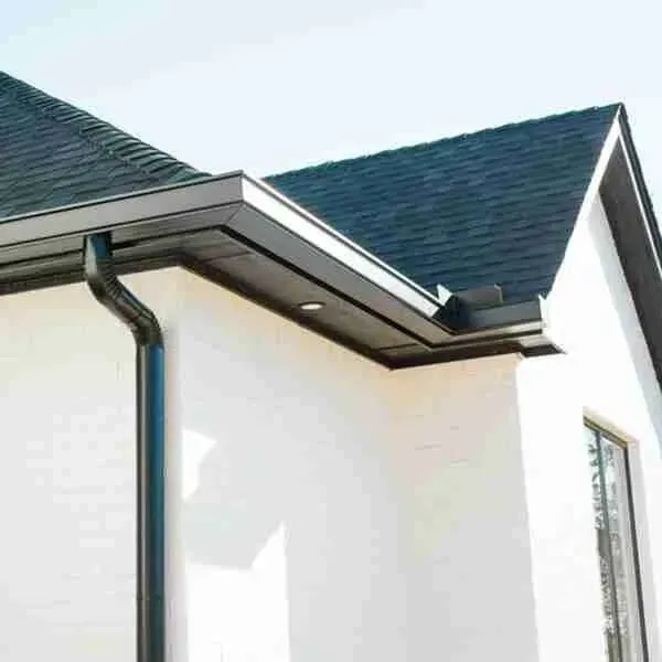 A white house with a black gutter and a black roof