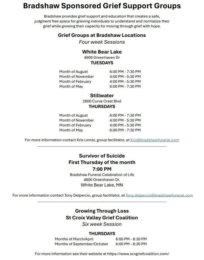 Flyer for Grief Education Support Group; details meeting times, locations, and contact information.