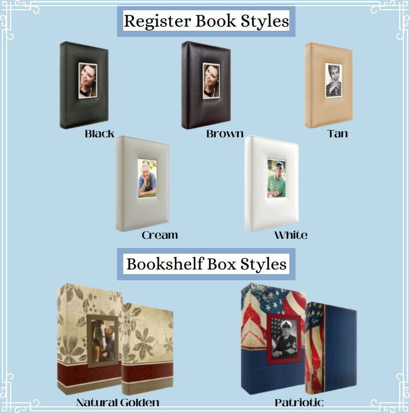 Register books and bookshelf boxes in various colors, each with a photo frame: black, brown, tan, cream, white, natural golden, patriotic.