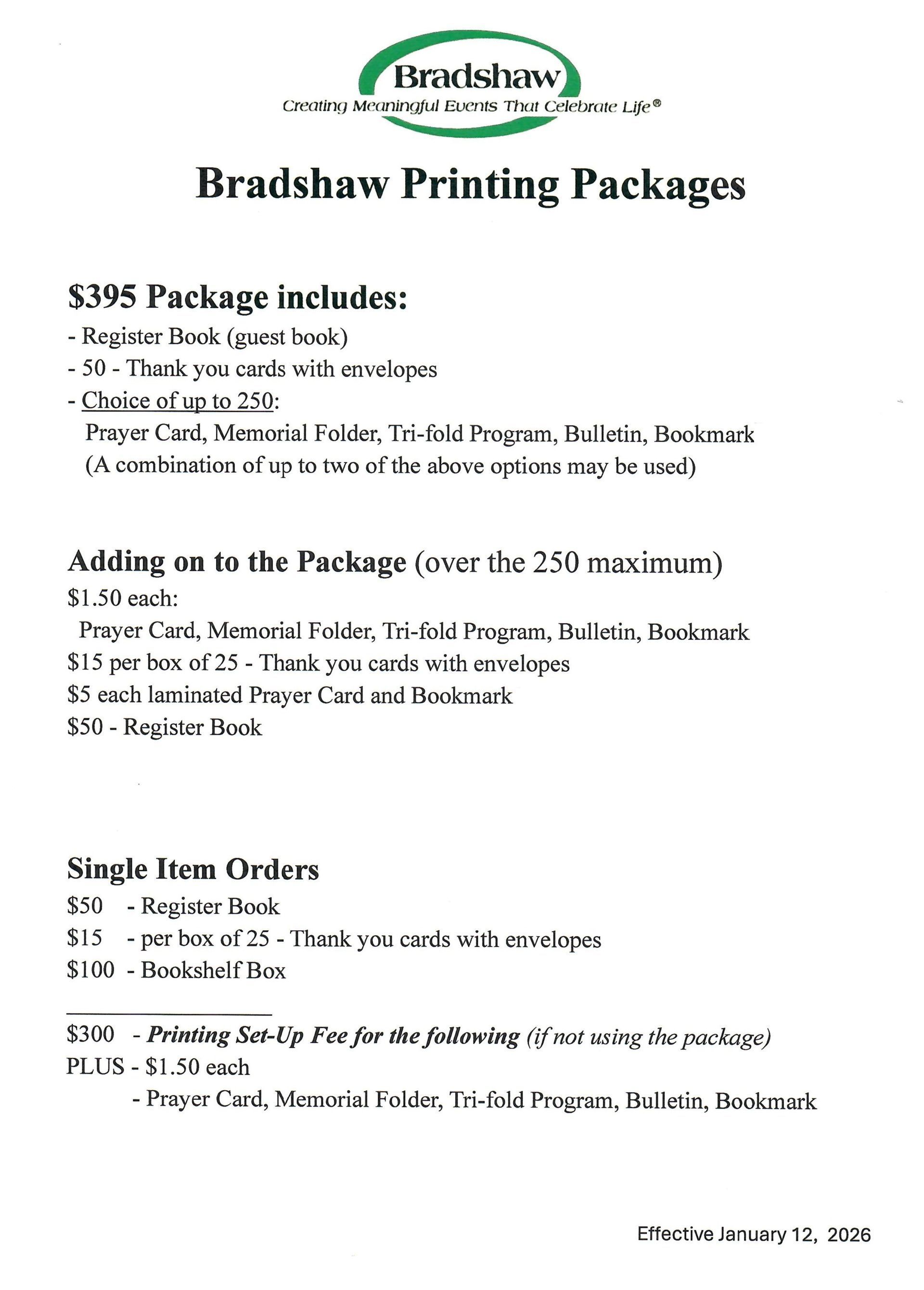 Bradshaw Printing Packages price list with package details and single-item orders.
