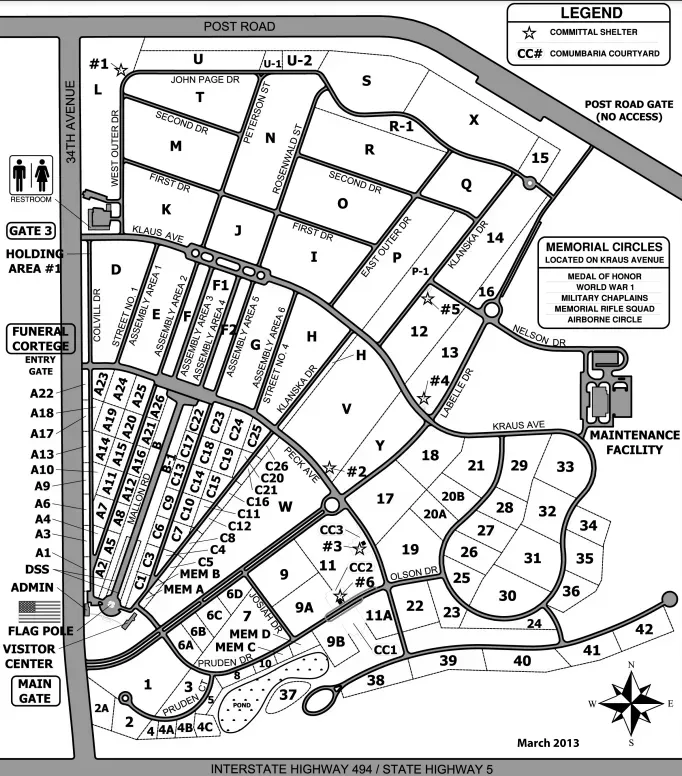 Map of a cemetery with numbered sections and roads. Contains labels like