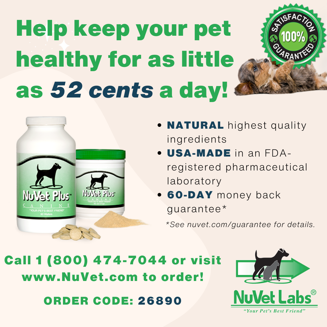 An advertisement for nuvet labs that says help keep your pet healthy for as little as 52 cents a day