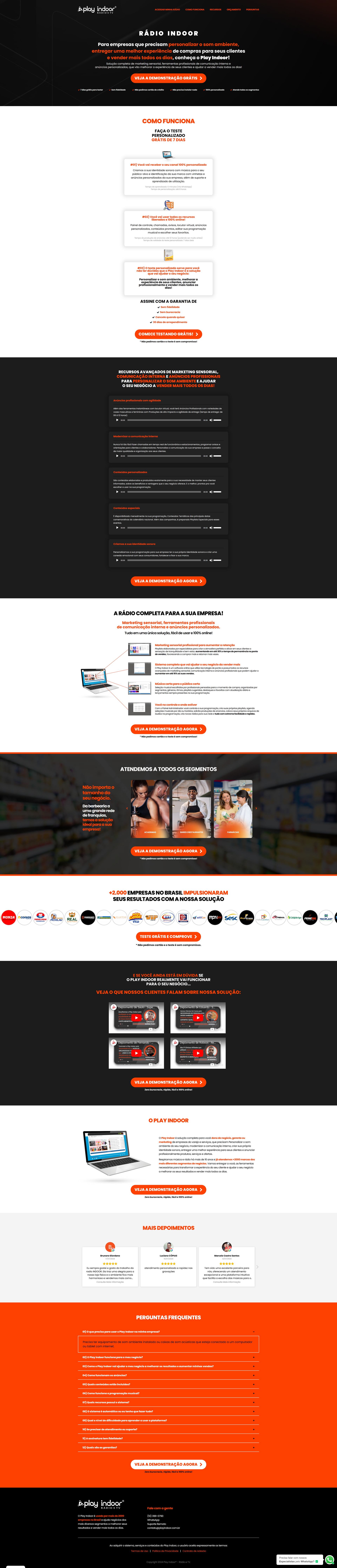 Página inicial do site com elementos escuros e laranja. As seções incluem informações sobre produtos, depoimentos e detalhes de contato.