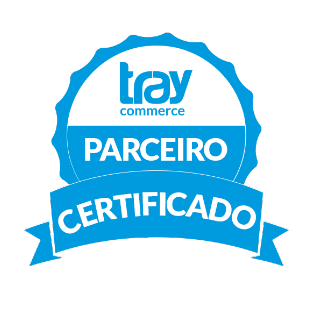 Selo de parceiro certificado da Tray Commerce em azul e branco.