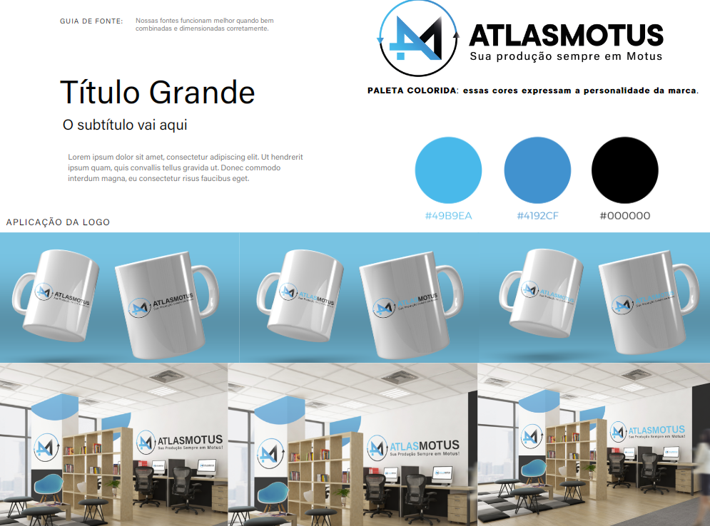 Apresentação com logotipo da Atlasmotus, cores da marca, mockups de canecas e cenas de escritório.