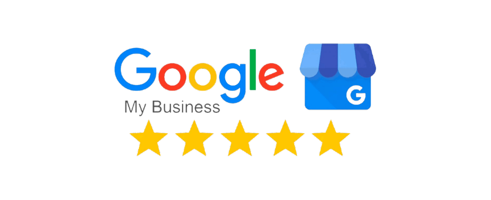 Logotipo do Google Meu Negócio com cinco estrelas douradas.