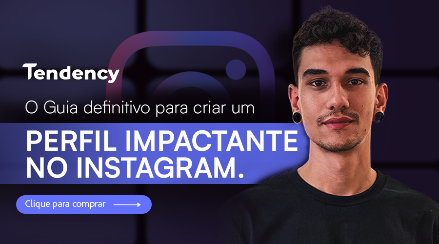 Homem em frente a uma imagem do Instagram promovendo um guia sobre como criar um perfil impactante.