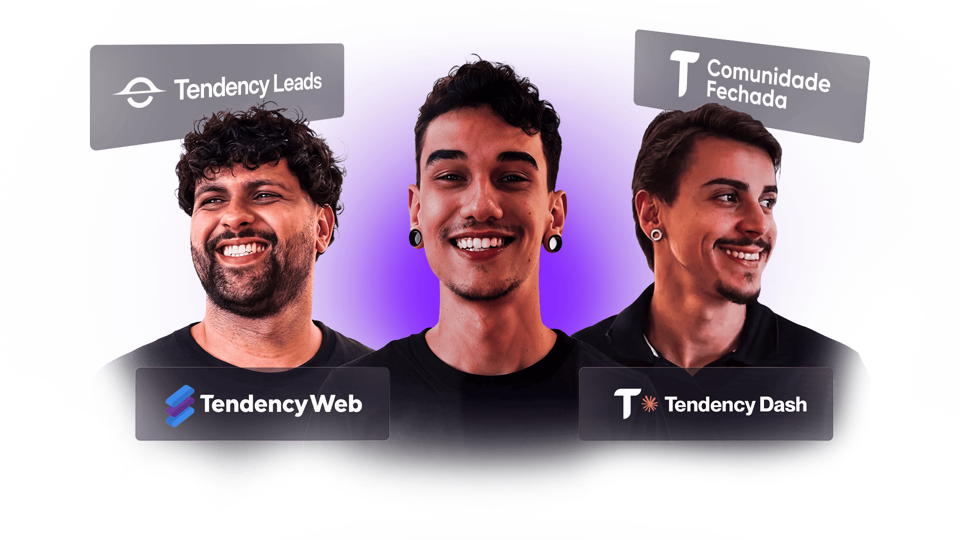 Quatro homens sorridentes com camisas escuras e fundo roxo gradiente.
