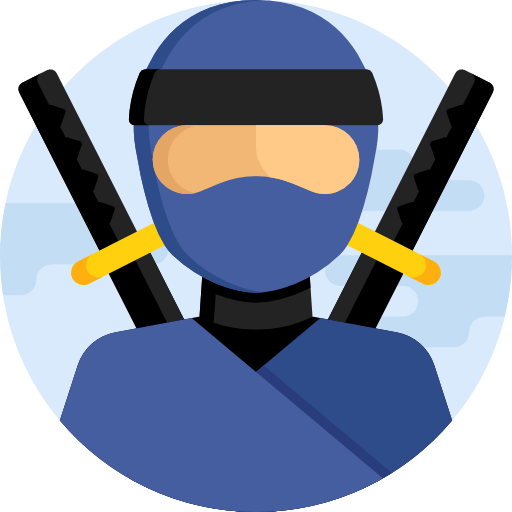 Ninja em traje azul com duas espadas cruzadas, dentro de um círculo azul.
