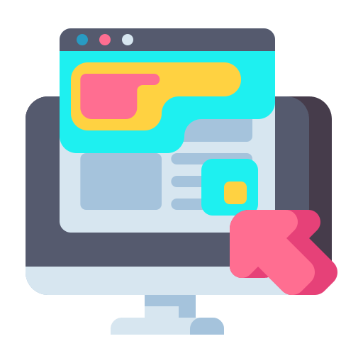 Tela de computador com página da web e seta rosa, sugerindo design de site.