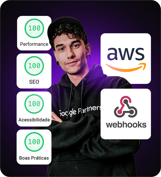 Homem com pontuação de 100% em desempenho, SEO, acessibilidade e práticas; ícones AWS e webhooks.