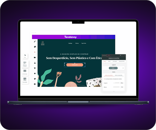 Laptop exibindo a interface de um site, com uma sobreposição de interface flutuante. Fundo roxo escuro.