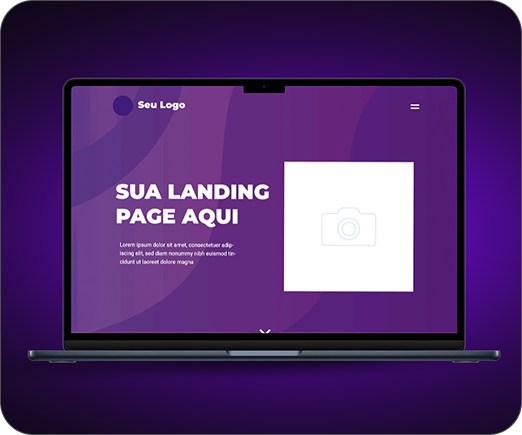 Laptop exibindo uma landing page roxa com o texto