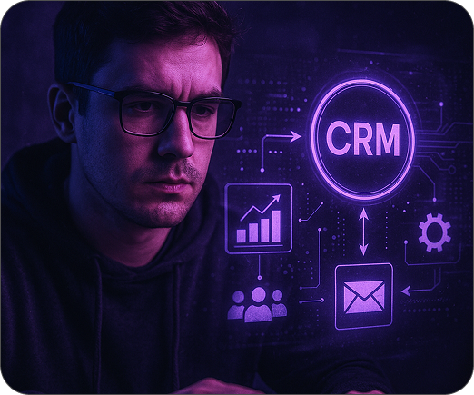 Homem olhando para um diagrama de CRM brilhante, com gráficos, ícones e um tom roxo.