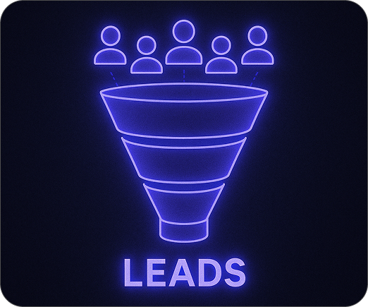 Funil azul neon com ícones de pessoas no topo, rotulados como “LEADS”.