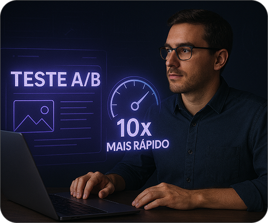 Homem de óculos trabalhando em um laptop, com uma sobreposição digital dizendo
