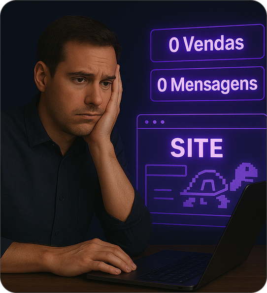 Homem olhando desanimado para um laptop, com notificações de