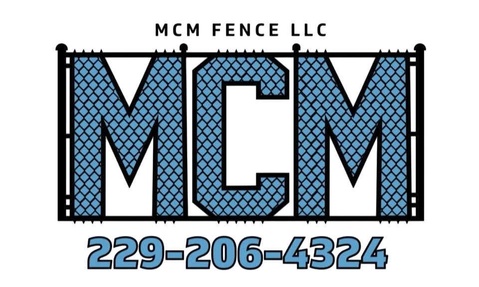 MCM Fence LLC logo with blue chain-link fence background and phone number 229-206-4324