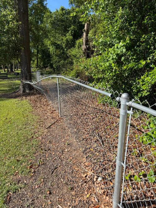 Metal fence along a leaf-covered path beside a wooded area and grassy lawn